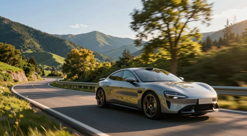 A sleek, modern luxury car driving along a winding mountain road during golden hour, sunlight filtering through the trees, creating warm, dappled light on the car's shiny surface. In the foreground, the car is in motion, showcasing its aerodynamic design and polished finish. In the middle ground, a panoramic view of the lush, green landscape hugs the road, accentuated by gentle hills and vibrant foliage. The background reveals distant mountains under a clear blue sky, enhancing the sense of adventure. The atmosphere is serene yet exhilarating, reflecting a high-quality driving experience with a focus on comfort and performance. The scene should evoke a sense of freedom and joy of driving, with no human subjects or text in the image.