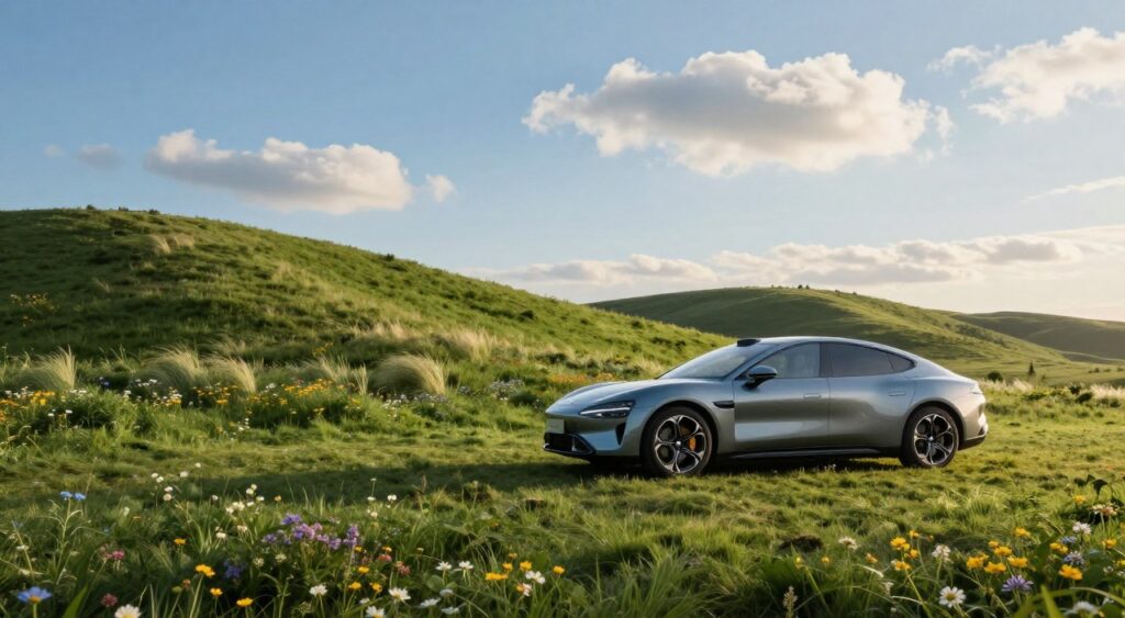 A sleek, modern luxury electric car is parked gracefully on a lush, green hillside, symbolizing sustainability. In the foreground, the car gleams under soft, natural sunlight, showcasing its elegant curves and eco-friendly features. The middle ground features a blend of vibrant wildflowers and gently swaying grasses, emphasizing a harmonious relationship with nature. The background displays a clear blue sky sprinkled with fluffy white clouds, enhancing the serene atmosphere. Use a wide-angle lens to capture the expansive landscape and create depth, with soft shadows that suggest a warm, inviting mood. The scene embodies the rising trend of eco-conscious luxury, illustrating the potential fusion between opulence and environmental responsibility. A sleek, modern luxury electric car is parked gracefully on a lush, green hillside, symbolizing sustainability. In the foreground, the car gleams under soft, natural sunlight, showcasing its elegant curves and eco-friendly features. The middle ground features a blend of vibrant wildflowers and gently swaying grasses, emphasizing a harmonious relationship with nature. The background displays a clear blue sky sprinkled with fluffy white clouds, enhancing the serene atmosphere. Use a wide-angle lens to capture the expansive landscape and create depth, with soft shadows that suggest a warm, inviting mood. The scene embodies the rising trend of eco-conscious luxury, illustrating the potential fusion between opulence and environmental responsibility.