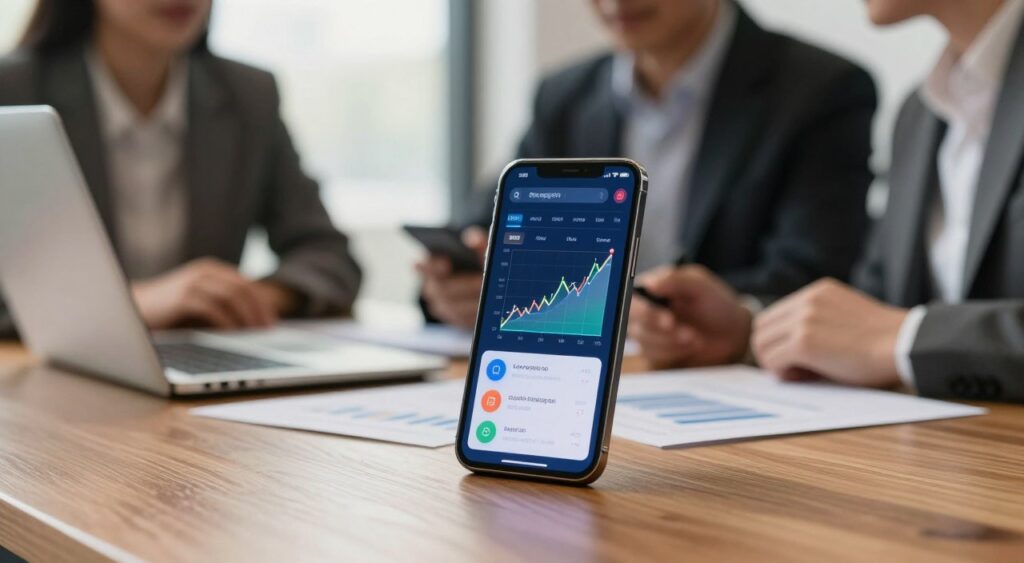 A sleek, modern mobile device showcased prominently in the foreground, resting on a polished wooden desk with a blurred laptop and business documents in the middle ground. The device features a vibrant touchscreen displaying financial graphs and notifications, symbolizing its role in business growth. Soft, warm lighting illuminates the scene, creating a professional yet inviting atmosphere. In the background, suggestive silhouettes of professionals in smart business attire engage in discussion, emphasizing collaboration and innovation. A slight depth of field effect draws focus to the mobile device, while a gentle bokeh enhances the sense of a dynamic workspace, reflecting the impact of mobile solutions in business. A sleek, modern mobile device showcased prominently in the foreground, resting on a polished wooden desk with a blurred laptop and business documents in the middle ground. The device features a vibrant touchscreen displaying financial graphs and notifications, symbolizing its role in business growth. Soft, warm lighting illuminates the scene, creating a professional yet inviting atmosphere. In the background, suggestive silhouettes of professionals in smart business attire engage in discussion, emphasizing collaboration and innovation. A slight depth of field effect draws focus to the mobile device, while a gentle bokeh enhances the sense of a dynamic workspace, reflecting the impact of mobile solutions in business.