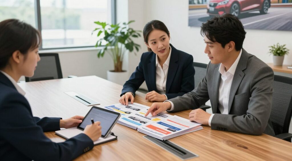 A sleek, modern office setting with a large wooden conference table. In the foreground, a diverse group of two professionals in business attire—a man and a woman—are engaged in a discussion over a stack of colorful lease brochures, highlighting various car leasing options. The woman is pointing at a brochure, while the man takes notes on a tablet, showcasing professionalism and collaboration. In the middle background, large windows let in natural light, illuminating a well-organized space decorated with potted plants and car posters. The mood is informative and optimistic, suggesting a focus on making smart financial decisions. The camera angle is slightly elevated, providing a clear view of the professionals and the table. The lighting is soft and bright, enhancing the inviting atmosphere of the office.