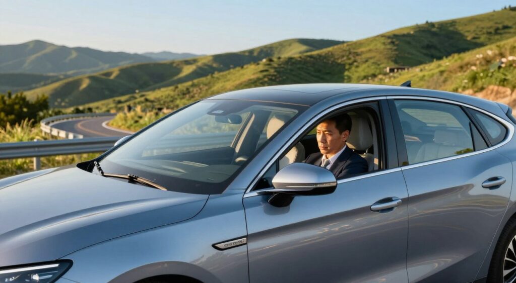 A sleek, modern sedan is seen in the foreground, parked on a scenic test drive route that winds through rolling hills. The car's shiny exterior reflects the clear blue sky and the vibrant greens of the surrounding trees. In the middle ground, a well-dressed professional, wearing a smart casual outfit, is seated inside the car, focused on the road ahead, with a sense of concentration on their face. The car's interior is tastefully designed, showcasing high-tech features. In the background, picturesque landscapes stretch into the distance under warm, golden hour lighting, creating an inviting atmosphere. The angle captures the car from a slight front-side view, emphasizing both the vehicle's sleek lines and the driver’s attention to the road. The overall mood is one of excitement and professionalism, illustrating a confident decision-making process in car buying.