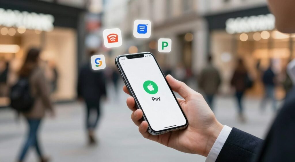 A sleek, modern smartphone displaying a mobile payment transaction on its screen in the foreground, held confidently by a person in professional business attire, showcasing a diverse hand to convey inclusivity. In the middle ground, an assortment of recognizable payment icons (like NFC, Apple Pay, Google Pay) hover above the phone, glowing softly to signify digital transactions. The background features a bustling urban environment with blurred silhouettes of people and storefronts to suggest a vibrant shopping atmosphere. Soft, diffused lighting highlights the phone and creates a warm, inviting mood, while a shallow depth of field keeps the focus on the payment action. The overall vibe is modern, efficient, and indicative of the future of commerce. A sleek, modern smartphone displaying a mobile payment transaction on its screen in the foreground, held confidently by a person in professional business attire, showcasing a diverse hand to convey inclusivity. In the middle ground, an assortment of recognizable payment icons (like NFC, Apple Pay, Google Pay) hover above the phone, glowing softly to signify digital transactions. The background features a bustling urban environment with blurred silhouettes of people and storefronts to suggest a vibrant shopping atmosphere. Soft, diffused lighting highlights the phone and creates a warm, inviting mood, while a shallow depth of field keeps the focus on the payment action. The overall vibe is modern, efficient, and indicative of the future of commerce.