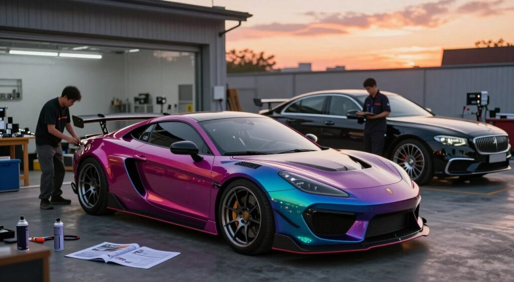 A sleek, modified car sits prominently in the foreground, showcasing a glossy custom paint job in an eye-catching color, enhanced aerodynamics with a stylish body kit, and distinctive alloy wheels. The scene contrasts two distinct setups: on one side, a DIY garage setting with tools, spray cans, and manuals sprawled out, featuring a person in casual work clothes focused on upgrading parts, and on the other, a professional workshop with advanced equipment, where a technician in a neat uniform meticulously inspects high-end modifications on a luxurious car. The background reveals a dramatic sunset sky, casting warm lighting on both contrasting environments, creating a motivating and aspirational atmosphere. Utilize a shallow depth of field with a slight tilt-shift effect to draw attention to the car modifications while maintaining clarity of the surroundings.