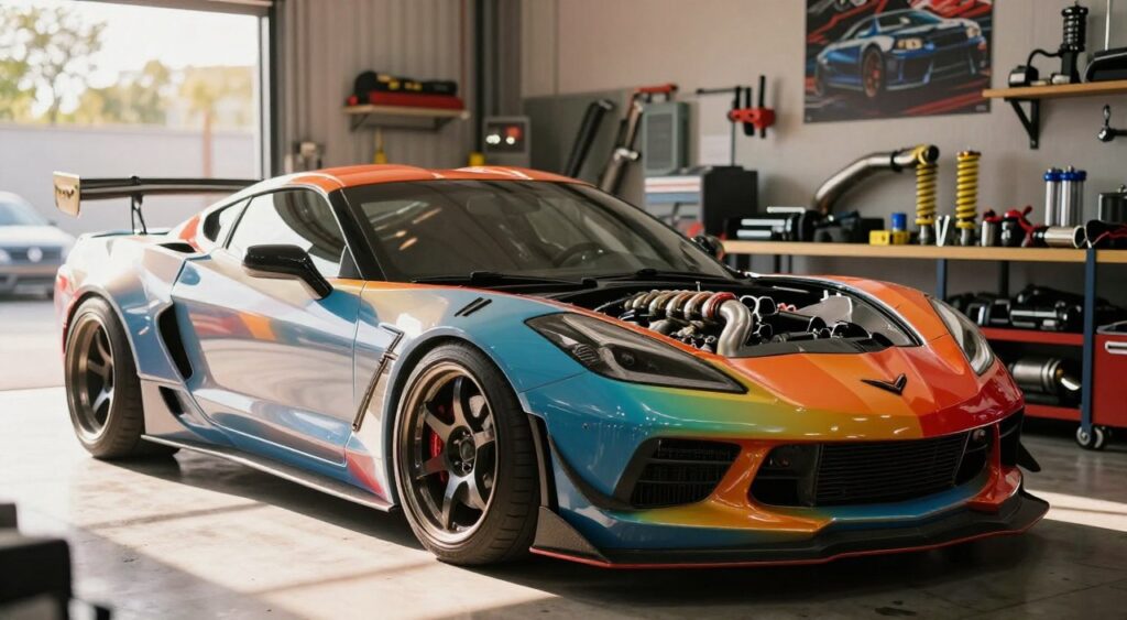 A sleek, modified sports car dominates the foreground, showcasing an aggressive body kit, custom alloy wheels, and a vibrant paint job that reflects the sun. The car's hood displays a high-performance engine with polished intake pipes, emphasizing power and speed. In the middle, a garage setting reveals various performance enhancement tools and accessories, such as suspension kits and exhaust systems, neatly organized on shelves. The background features a soft-focus view of tools and automotive artwork, enhancing the mechanic vibe. Warm, natural lighting pours in through a window, casting dynamic shadows and highlighting the car's curves. The atmosphere is energetic and innovative, evoking the passion of car enthusiasts transforming their rides for better performance.