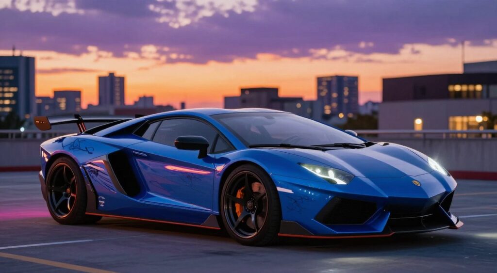 A sleek, modified sports car is prominently displayed in the foreground, showcasing a glossy metallic blue paint job with intricate vinyl decals. The car's body features aerodynamic enhancements, including a stylish front splitter and a striking rear wing. In the middle ground, a well-lit urban landscape sets a vibrant mood, with neon lights reflecting off the car's surface, enhancing its aesthetic appeal. The background features a skyline at twilight, with a blend of warm oranges and deep purples in the sky. Soft reflections and highlights emphasize the car's sleek curves, while a slight lens flare adds a dynamic touch. The atmosphere is energetic and modern, capturing the essence of car culture and style without any human subjects present.