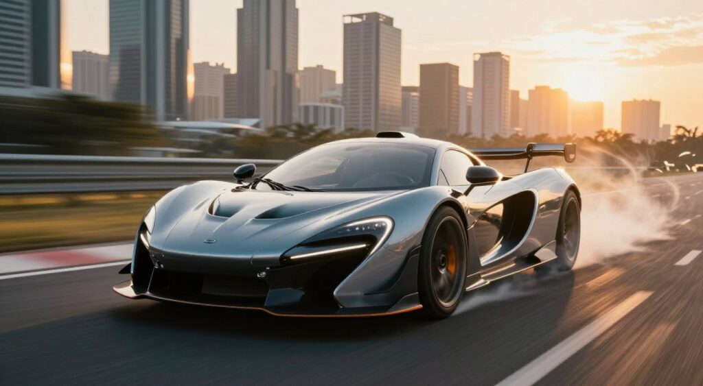 A sleek top-speed car races through a futuristic landscape, showcasing its aerodynamic design focused on minimizing drag. In the foreground, the car's glossy surface reflects the sun, emphasizing sharp lines and contours crafted for optimal performance. The middle ground features a blurred road, suggesting high velocity, while abstract wind patterns swirl around the car, illustrating airflow dynamics. The background displays an intricate city skyline with modern architecture, bathed in the golden light of sunset, enhancing the feeling of speed and power. Capture this scene with a low-angle perspective to highlight the car's aggressive stance, using vibrant colors to evoke excitement and energy. The mood should be exhilarating and dynamic, reflecting the cutting-edge technology behind high-performance vehicles.