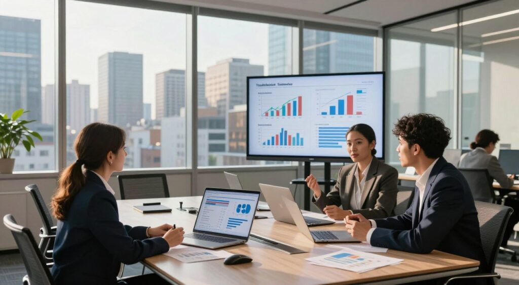 A sophisticated office environment filled with sleek furniture and modern technology. In the foreground, a diverse group of three professionals—two women and one man—are engaged in an animated discussion around a stylish conference table covered with documents and digital devices displaying interest rates and financing options. The middle ground shows charts and graphs projected onto a large screen, highlighting traditional and alternative financing comparisons. In the background, floor-to-ceiling windows offer a view of a bustling cityscape, bathed in warm afternoon sunlight creating dynamic shadows and reflections. The mood is focused and collaborative, emphasizing the seriousness of financial decision-making. Use a wide-angle lens to capture the overall ambiance, ensuring clarity and vibrant colors.