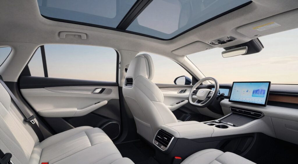 A spacious car interior showcasing modern design elements and luxurious materials. In the foreground, an ergonomic driver's seat made of premium leather, seamlessly designed controls on the console, and a digital dashboard displaying vibrant graphics. In the middle, a roomy second-row seating area with ample legroom and accessible cupholders, highlighting versatility and comfort. The background features a large panoramic sunroof that casts soft, natural light throughout the cabin. The angle emphasizes the spaciousness of the interior, with a wide-angle lens capturing the details vividly. The atmosphere is bright and inviting, evoking a sense of sophistication and innovation. The image should be devoid of any text or overlays, focusing entirely on the car's interior space and cargo capacity.