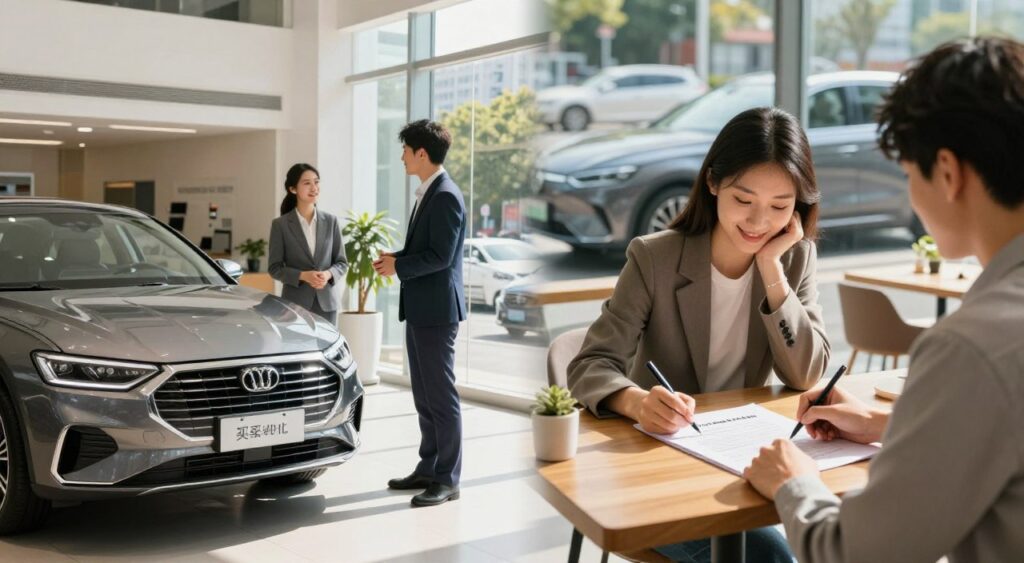 A split image comparing leasing and buying a car. On the left side, depict a modern car dealership with friendly sales representatives in professional attire welcoming potential buyers. Highlight a shiny new car with a price tag, symbolizing the buying option. On the right side, show a cozy urban setting with a person happily signing a leasing agreement in a cafe, with a stylish leased car parked outside. Utilize natural daylight to create a warm atmosphere, casting soft shadows. The background should feature subtle hints of city life, such as trees and buildings, to convey both options in a relatable environment. Use a slightly elevated angle to encompass both scenes evenly while ensuring clarity without text or logos.