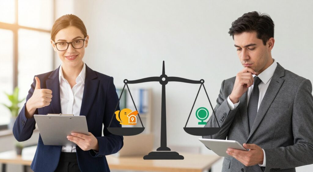 A split-image visualization depicting the pros and cons of OR offers. In the foreground, a professional businesswoman in smart attire, confidently holding a clipboard, stands on the left side, representing the advantages with a thumbs-up gesture. On the right, a businessman in formal wear looks contemplative, holding a tablet and assessing the disadvantages. The middle ground shows a balanced scale, with icons symbolizing savings, quality, and convenience on the left, contrasted with potential downsides like limitations, complexity, and false advertising on the right. The background features a soft-focus office environment, bathed in warm, natural light, creating an inviting and informative atmosphere. The composition conveys professionalism and thoughtful decision-making, suitable for an article's visual enhancement.