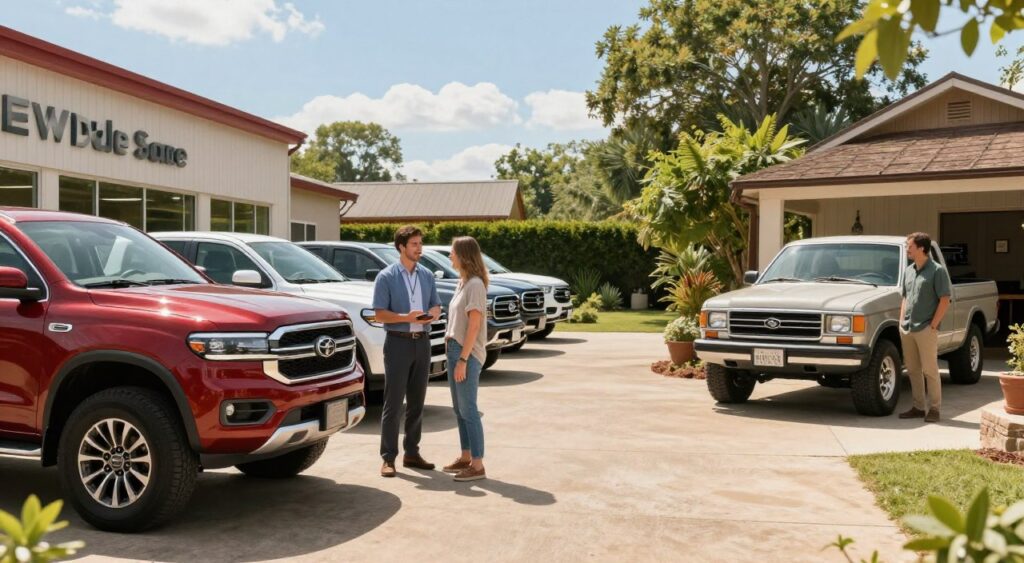 A split scene showcasing a vibrant pickup truck dealership on the left and a serene private sale setting on the right. In the foreground, display a polished, modern pickup truck gleaming under bright, natural sunlight at the dealership, with a friendly sales representative dressed in professional attire engaging with a couple, who are dressed casually but neatly. The middle ground features rows of assorted pickup trucks at the dealership, while the private sale area on the right shows a rustic, inviting driveway with an older model truck parked next to a friendly seller, casually dressed. The background includes a clear blue sky and lush greenery to enhance the outdoor setting. Use soft, warm lighting to create an approachable and welcoming atmosphere.