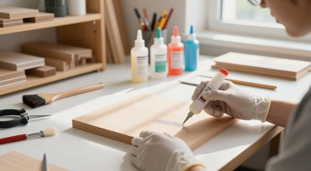 A step-by-step guide to adhesive bonding is depicted in a bright, well-lit workshop. In the foreground, a pair of hands wearing gloves expertly applies a clear adhesive to a wooden surface, using a precision nozzle for accuracy. The middle ground features a clean workspace with various tools such as a brush, clamps, and different types of glue bottles neatly organized. In the background, shelves hold a variety of materials, including wood pieces and crafting essentials. Soft natural light streams through a window, casting gentle shadows, creating an inviting and focused atmosphere. The composition takes a slightly elevated angle, emphasizing the hands-on technique while maintaining a professional, instructional vibe. The scene conveys a sense of creativity and craftsmanship, perfect for demonstrating glue techniques.