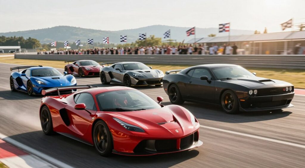 A striking, dynamic composition of powerful cars showcased on a racetrack. In the foreground, a sleek red sports car with aerodynamic lines captures attention, glistening under the bright sunlight, reflecting a sense of speed and performance. The middle layer features a diverse lineup of modern supercars—like a blue hybrid hypercar and a matte-black muscle car—positioned at various angles to highlight their aggressive stances and exquisite designs. In the background, blurred racing flags and a cheering crowd create an energetic atmosphere, with distant mountains adding depth. The scene is lit with warm sunlight, enhancing the glossy finishes of the cars, while a slight lens flare emphasizes the excitement and thrill of automotive excellence. The overall mood is exhilarating, inviting viewers into the world of speed and power.