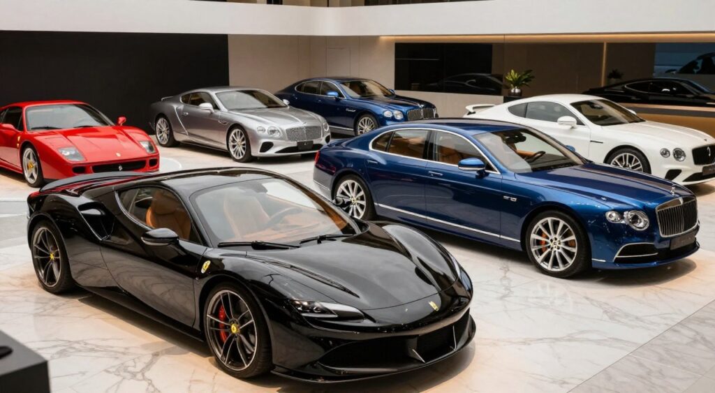 A stunning display of luxury car brands showcased in a high-end showroom. In the foreground, a sleek and polished black sports car gleams under soft, ambient lighting, reflecting its elegant curves. Adjacent to it, a luxurious sedan in a deep blue hue exudes sophistication, with its lavish leather interior partially visible through the tinted windows. In the middle ground, an exquisite collection of high-performance vehicles from renowned brands like Ferrari, Bentley, and Maserati are artfully arranged, each highlighted with spotlights that accentuate their unique design features. The background features a minimalist, modern showroom environment with marble floors and tasteful decor, creating an atmosphere of exclusivity and prestige. The overall mood is one of opulence and refinement, inviting the viewer to immerse themselves in the world of luxury automobiles. A stunning display of luxury car brands showcased in a high-end showroom. In the foreground, a sleek and polished black sports car gleams under soft, ambient lighting, reflecting its elegant curves. Adjacent to it, a luxurious sedan in a deep blue hue exudes sophistication, with its lavish leather interior partially visible through the tinted windows. In the middle ground, an exquisite collection of high-performance vehicles from renowned brands like Ferrari, Bentley, and Maserati are artfully arranged, each highlighted with spotlights that accentuate their unique design features. The background features a minimalist, modern showroom environment with marble floors and tasteful decor, creating an atmosphere of exclusivity and prestige. The overall mood is one of opulence and refinement, inviting the viewer to immerse themselves in the world of luxury automobiles.