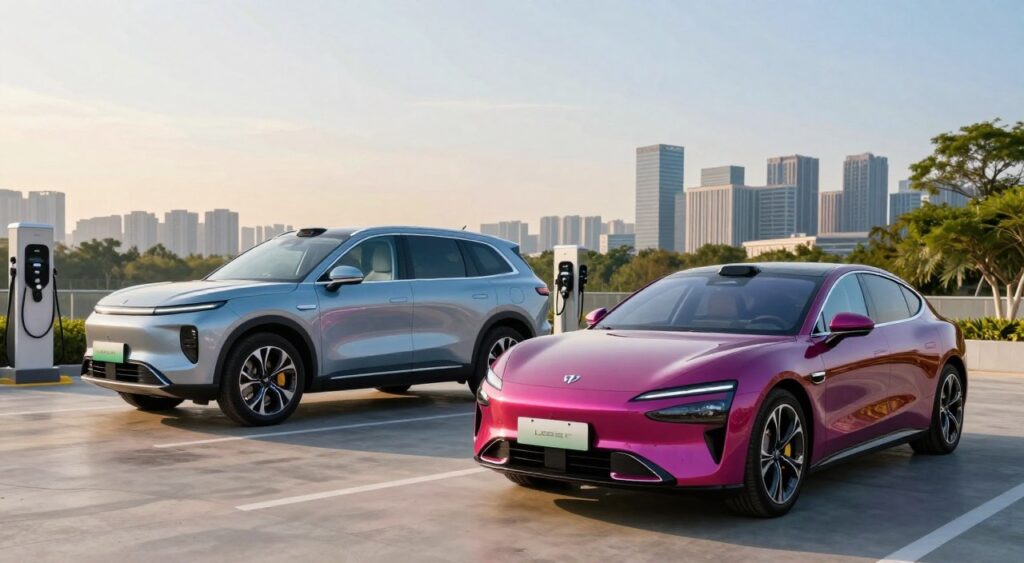 A stunning display of the latest top-rated electric vehicles, featuring sleek and futuristic designs. In the foreground, showcase a shiny electric sedan in vibrant colors with innovative features like aerodynamic shapes and bright LED headlights. In the middle ground, place a stylish electric SUV with panoramic glass sunroofs and unique wheel designs, parked next to a charging station. The background reveals a modern city skyline with green spaces, symbolizing sustainable living and urban innovation. Use soft, warm lighting to create an inviting atmosphere during sunset, casting gentle shadows. Capture the scene from a low angle, emphasizing the vehicles' cutting-edge designs against a clear sky, suggesting a bright future for the automotive industry. The overall mood conveys progress, sustainability, and technological advancement.