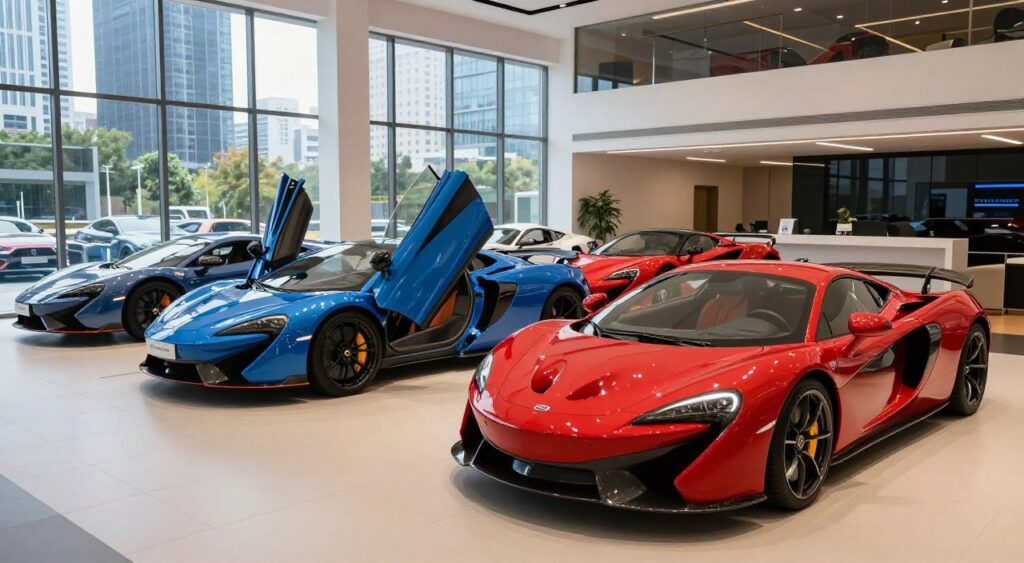A stunning lineup of high-performance supercars parked in a luxurious showroom, showcasing their sleek designs and vibrant colors. In the foreground, a vibrant red sports car with aerodynamic curves sparkles under the soft, ambient lighting. The middle layer features a modern display of a blue supercar with its doors open, emphasizing its cutting-edge engineering. In the background, large glass windows reveal a sunlit urban landscape, with city skyscrapers reflecting on the shiny car surfaces. The scene conveys a sense of aspiration and thrill, captured with a wide-angle lens to enhance the grandeur of the cars. The overall mood is energetic and sophisticated, inviting viewers to imagine themselves in the driver’s seat.