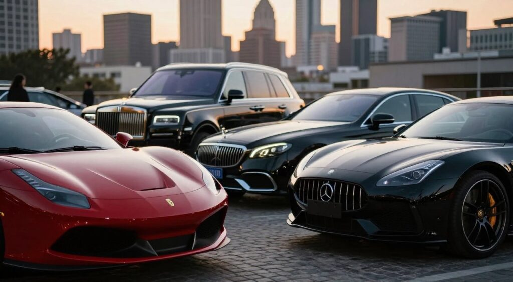 A stunning lineup of luxury cars captured in a sophisticated urban setting. In the foreground, showcase an elegant sports car, gleaming in deep red, reflecting the sunlight. Adjacent, a sleek black sedan exudes power and prestige. In the middle ground, layer a luxurious SUV with shiny chrome accents, parked on a polished cobblestone street. The background features an upscale city skyline at dusk, with soft golden hour lighting enhancing the scene. Use a shallow depth of field to artistically blur the city, emphasizing the cars in focus. The mood is opulent and aspirational, inviting viewers to imagine themselves behind the wheel of these prestigious vehicles. Ensure no human subjects are present in the image.