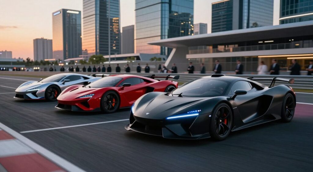 A stunning scene showcasing a line of cutting-edge electric supercars, each uniquely designed with aerodynamic curves and bold color palettes. In the foreground, highlight a sleek, matte black supercar with glowing blue accents, parked elegantly on a modern racetrack. The middle ground features two additional supercars, one in vibrant red and the other in metallic silver, both captured in dynamic angles as if ready to sprint. The background presents a futuristic city skyline with towering glass buildings, reflecting the sunset in warm hues, while a slightly blurred crowd of admirers in professional attire marvels at the vehicles. Use dramatic lighting to emphasize the contours of the cars, casting sleek shadows on the asphalt. The atmosphere is imbued with excitement and innovation, perfectly encapsulating the future of powerful cars.