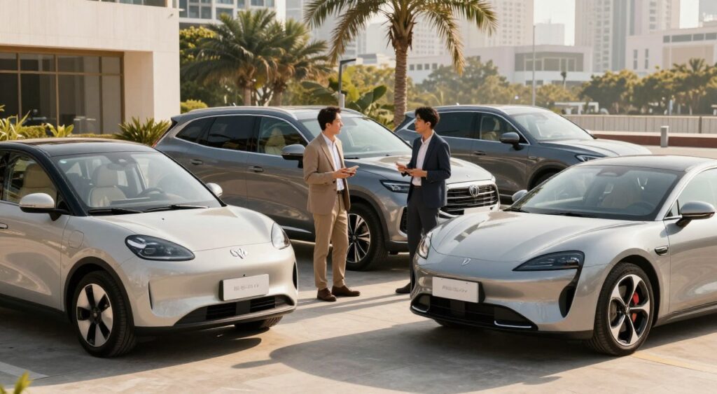 A stylish lifestyle setting showcasing a diverse selection of cars that cater to various preferences, positioned in the foreground to highlight their unique features. A compact and eco-friendly electric car, a spacious SUV suited for families, and a sporty coupe for adventure seekers should be featured. In the middle ground, individuals dressed in business casual attire discuss their car preferences, emphasizing practical considerations. The background includes a modern urban environment with palm trees and city buildings, reflecting a vibrant atmosphere. Natural sunlight casts soft shadows, creating a warm and inviting mood. The image should be taken from a slightly elevated angle to capture both the conversation and the vehicles, drawing the viewer's attention to the lifestyle-specific considerations of each car.