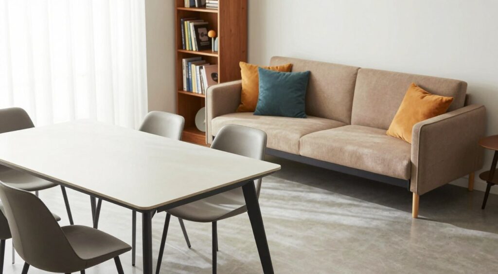 A stylish, modern living space featuring various types of compact furniture designed to maximize utility in small areas. In the foreground, a sleek, foldable dining table is set against a backdrop of minimalist chairs, showcasing functionality. The middle ground highlights a multifunctional sofa bed, upholstered in a warm, neutral fabric, adorned with colorful throw pillows. A compact bookshelf, filled with curated books and decorative items, can be seen to one side. The background features a bright window with sheer curtains allowing soft, natural light to illuminate the space. Capture the scene from a slightly elevated angle, with a wide lens to emphasize depth, creating a fresh and inviting atmosphere that encourages efficiency and creativity in small living environments.