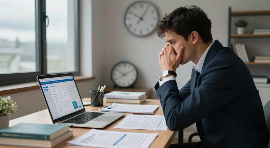 A thoughtful and concerned individual, dressed in professional business attire, sits at a cluttered desk in a well-lit, modern home office. In the foreground, a laptop displays a medical website with symptoms and charts, while various printed resources and books about health surround them. The middle ground features a clock ticking away, symbolizing the urgency and pressure of self-diagnosis. In the background, a window reveals a cloudy sky, adding a somber mood to the scene. Soft, natural lighting filters through the room, casting gentle shadows. The atmosphere conveys the tension and risks associated with self-diagnosis, emphasizing the seriousness of misinformation and the importance of professional medical advice.