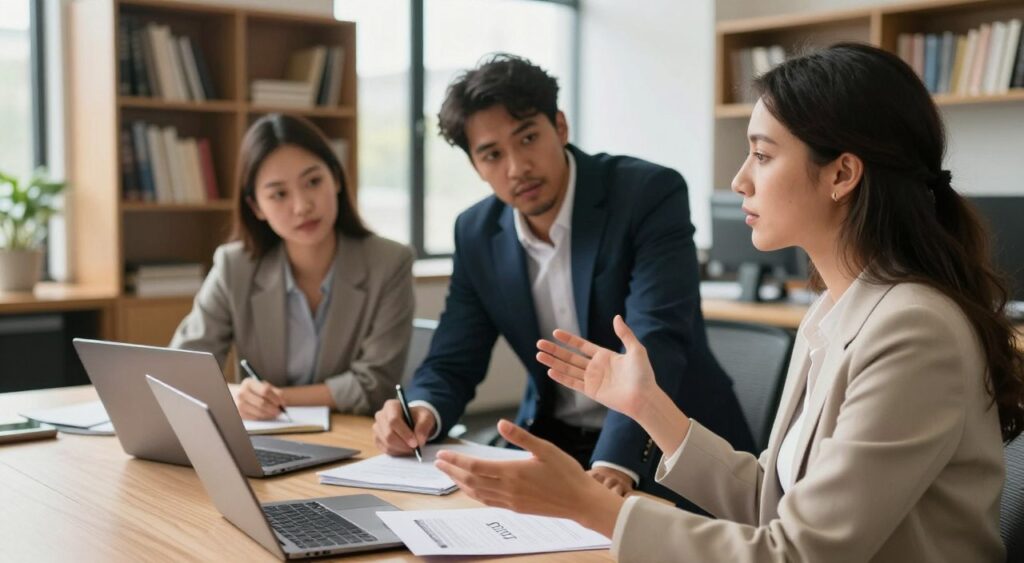 A thoughtful scene illustrating the concept of omitting "that" in writing, featuring a diverse group of three professionals in an office setting. The foreground showcases a well-dressed woman gesturing with open palms, as if explaining an idea to her colleagues. In the middle ground, a man in a smart suit leans forward, listening intently, while a woman in business casual attire takes notes on a laptop. The background reveals a modern office adorned with bookshelves filled with writing guides, illuminated by natural light streaming through large windows. The mood is focused yet collaborative, emphasizing clarity in communication without clutter. Soft shadows enhance the warm atmosphere, captured from a slightly elevated angle to give depth to the scene, highlighting the professionals' engagement and connection to their discussion.