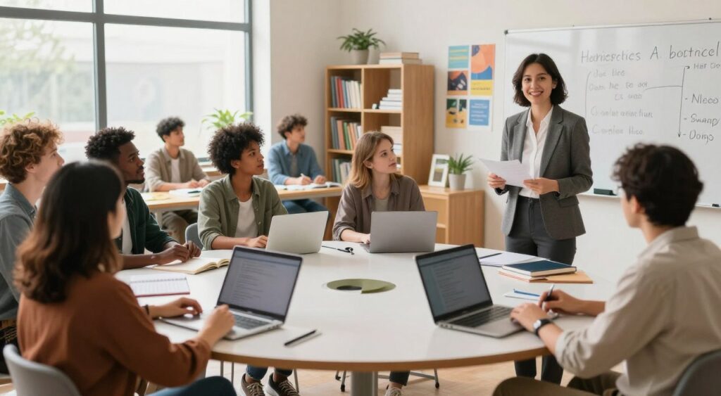 A thoughtfully curated classroom scene showcasing diverse individuals engaged in various learning activities. In the foreground, a friendly instructor in professional attire discusses a topic with an attentive group of adult learners seated at a round table, filled with notebooks and laptops. In the middle ground, other students are interacting with educational materials, such as books and visual aids, while a large whiteboard displays key points from the lesson. The background features shelves filled with educational resources and inspirational posters. Soft, natural light streams through large windows, creating a warm, inviting atmosphere that encourages collaboration and engagement. The composition captures a sense of focus and determination, emphasizing the importance of choosing the right instructor in a supportive learning environment.