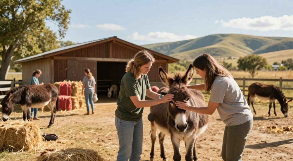 A tranquil scene depicting a dedicated team of individuals caring for rescued donkeys at a compassionate donkey rescue organization. In the foreground, two volunteers, dressed in modest casual clothing, gently brush a friendly donkey, showcasing the bond between humans and animals. The middle ground features a small, rustic barn adorned with colorful hay bales, hinting at a warm, community-driven atmosphere. In the background, soft rolling hills under a bright blue sky radiate positivity, while a few other donkeys playfully graze nearby. The lighting is warm and inviting, with golden sunlight filtering through the trees, creating a serene and uplifting mood. The angle is slightly elevated, providing a comprehensive view of this heartwarming interaction, ideal for highlighting local initiatives. A tranquil scene depicting a dedicated team of individuals caring for rescued donkeys at a compassionate donkey rescue organization. In the foreground, two volunteers, dressed in modest casual clothing, gently brush a friendly donkey, showcasing the bond between humans and animals. The middle ground features a small, rustic barn adorned with colorful hay bales, hinting at a warm, community-driven atmosphere. In the background, soft rolling hills under a bright blue sky radiate positivity, while a few other donkeys playfully graze nearby. The lighting is warm and inviting, with golden sunlight filtering through the trees, creating a serene and uplifting mood. The angle is slightly elevated, providing a comprehensive view of this heartwarming interaction, ideal for highlighting local initiatives.