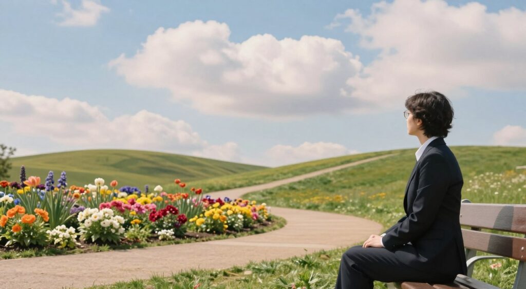 A tranquil scene depicting the concept of mental health, focusing on a serene outdoor space. In the foreground, a person in professional business attire sits peacefully on a bench, gazing thoughtfully at a blooming garden filled with vibrant flowers. The middle ground features gentle hills and a meandering pathway, symbolizing the journey toward mental well-being. The background showcases a calming blue sky with soft, fluffy clouds, creating an inviting atmosphere. Soft, diffused lighting casts gentle shadows, enhancing the mood of contemplation and serenity. The scene conveys a sense of balance, emphasizing the importance of seeking solutions for mental health in a peaceful environment. The overall composition is harmonious and uplifting, devoid of any textual elements.