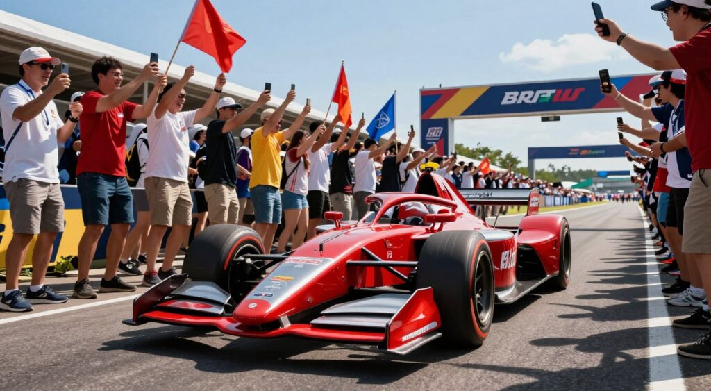 A triumphant racing car crossing the finish line, surrounded by a vibrant crowd of cheering fans, capturing the essence of victory and perseverance. In the foreground, the sleek and dynamic sports car is painted in glossy red with silver accents, reflecting a shiny, polished surface. The middle ground features excited spectators, dressed in casual attire, waving flags and holding up their phones to capture the moment, their faces displaying joy and admiration. In the background, a racetrack with colorful banners and a clear blue sky enhances the atmosphere of celebration. Bright sunlight casts dramatic shadows, emphasizing the car’s speed and elegance. The scene conveys a sense of achievement and inspiration, embodying the spirit of perseverance in the world of car racing. The perspective is slightly angled for a dynamic effect, highlighting action and triumph.