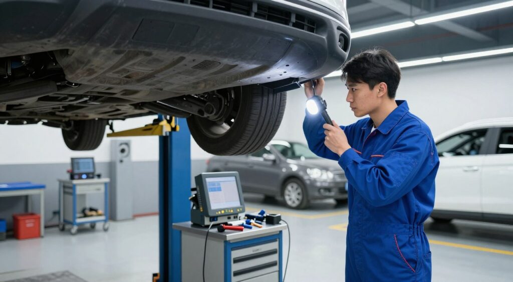 A vehicle inspection scene set in a well-lit garage. In the foreground, a professional mechanic in a blue jumpsuit examines the undercarriage of a car using a flashlight, showcasing attention to detail. The middle layer features diagnostic equipment and tools neatly organized on a workbench, hinting at the thoroughness of inspections. The background displays other cars awaiting inspection, with bright overhead fluorescent lighting illuminating the space, casting soft shadows. The atmosphere is focused and industrious, emphasizing the importance of vehicle maintenance. The composition should be captured with a slightly wide-angle lens to encompass the entire scene while maintaining sharp details, creating a sense of professionalism and care in automotive service.