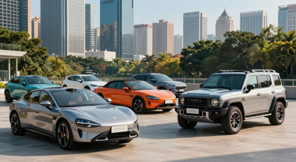 A vibrant and diverse lineup of cars representing various types in a modern urban setting. In the foreground, showcase a sleek electric sedan with a polished finish, next to a rugged SUV with off-road capabilities. The middle section features a compact hatchback and a stylish convertible, all displayed against a picturesque cityscape backdrop. The background includes a blend of towering skyscrapers and lush greenery under a clear blue sky. Soft sunlight filters through, casting vibrant reflections on the car surfaces. Capture the mood of excitement and exploration, emphasizing the distinct designs and colors of the cars while maintaining a professional and inviting atmosphere. Use a wide-angle lens to encompass all the elements harmoniously.