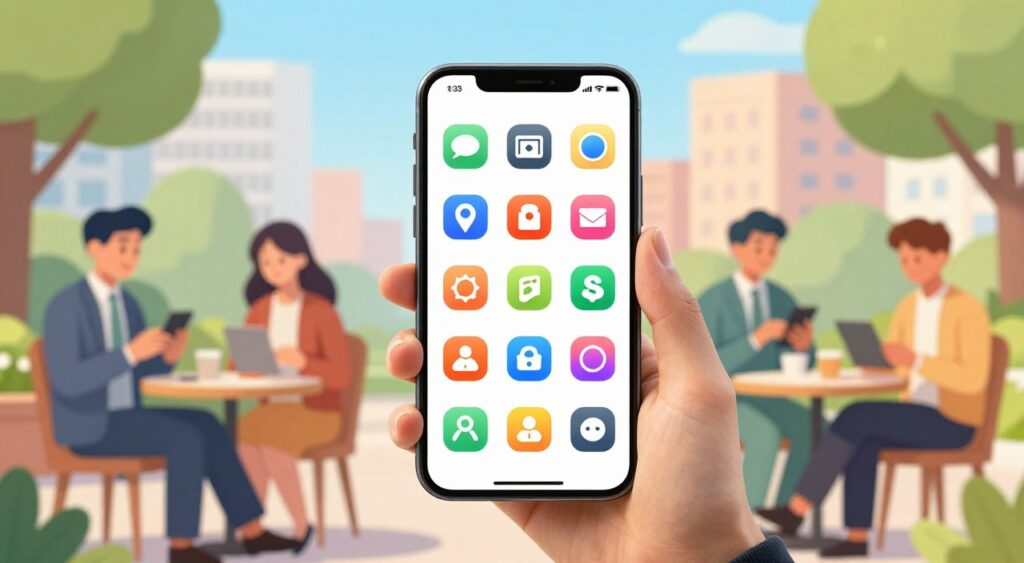 A vibrant and dynamic illustration of essential mobile apps for everyday life, showcasing a variety of app icons on a sleek smartphone screen in the foreground. The phone is held by a diverse group of people in professional attire, engaged in using the apps. In the middle ground, soft-focus figures are interacting with their devices in a lively urban setting, such as a café or park. The background features a sunny day with green trees and a blue sky, creating a warm and inviting atmosphere. The lighting is bright and cheerful, emphasizing productivity and modern technology. The image captures a sense of connection and convenience, highlighting how these mobile solutions integrate into daily routines. A vibrant and dynamic illustration of essential mobile apps for everyday life, showcasing a variety of app icons on a sleek smartphone screen in the foreground. The phone is held by a diverse group of people in professional attire, engaged in using the apps. In the middle ground, soft-focus figures are interacting with their devices in a lively urban setting, such as a café or park. The background features a sunny day with green trees and a blue sky, creating a warm and inviting atmosphere. The lighting is bright and cheerful, emphasizing productivity and modern technology. The image captures a sense of connection and convenience, highlighting how these mobile solutions integrate into daily routines.
