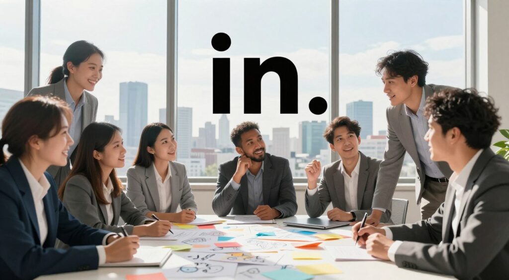 A vibrant and dynamic scene representing creativity inspired by the concept of "in." In the foreground, a diverse group of professionals in business attire passionately brainstorm around a round table scattered with colorful sketches and notes, their expressions filled with inspiration. In the middle background, a large window reveals an urban skyline under a bright, sunny sky, symbolizing openness and opportunities. Soft, natural light filters through, casting gentle shadows and highlighting the details of their ideas. The mood is uplifting and energetic, capturing the essence of collaborative creativity and transformative insights fueled by the power of "in." The overall composition is balanced, with a focus on human interaction and the exchange of innovative thoughts.