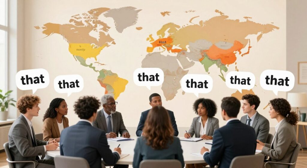 A vibrant and engaging illustration showcasing the variations of the word "that" across different dialects. In the foreground, a diverse group of people from various cultural backgrounds are engaged in animated discussion, dressed in professional business attire, each pointing at speech bubbles with phonetic representations of "that" in different accents. The middle ground features a large world map divided into regions, with each area highlighted to represent specific dialects and accents. In the background, soft, ambient lighting casts a warm glow, enhancing the atmosphere of collaboration and discovery. Use a wide-angle lens to capture the dynamic scene, emphasizing unity and diversity in linguistic expression. Ensure the overall mood is inquisitive and enlightening, inviting viewers to explore the nuances of language.