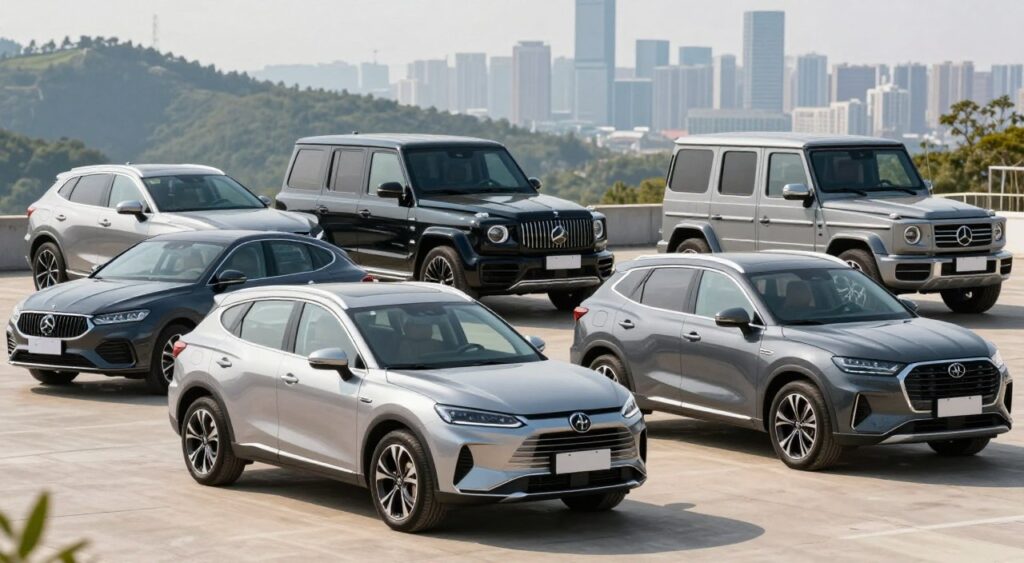 A vibrant and informative scene displaying various types of SUVs arranged in a visually appealing manner. In the foreground, showcase a compact SUV with sleek lines, a midsize SUV with a rugged design, and a full-size SUV that embodies elegance and power. The middle ground features a luxury SUV with high-end finishes and a sports SUV emphasizing performance capabilities. In the background, a picturesque landscape with rolling hills or a city skyline sets the mood. Bright, natural lighting enhances the colors of the SUVs, while a shallow depth of field adds focus on the vehicles. Capture the scene from a low angle to emphasize their stature, giving an impression of strength and versatility. The atmosphere should be inviting, encouraging viewers to explore and discover their ideal SUV. A vibrant and informative scene displaying various types of SUVs arranged in a visually appealing manner. In the foreground, showcase a compact SUV with sleek lines, a midsize SUV with a rugged design, and a full-size SUV that embodies elegance and power. The middle ground features a luxury SUV with high-end finishes and a sports SUV emphasizing performance capabilities. In the background, a picturesque landscape with rolling hills or a city skyline sets the mood. Bright, natural lighting enhances the colors of the SUVs, while a shallow depth of field adds focus on the vehicles. Capture the scene from a low angle to emphasize their stature, giving an impression of strength and versatility. The atmosphere should be inviting, encouraging viewers to explore and discover their ideal SUV.