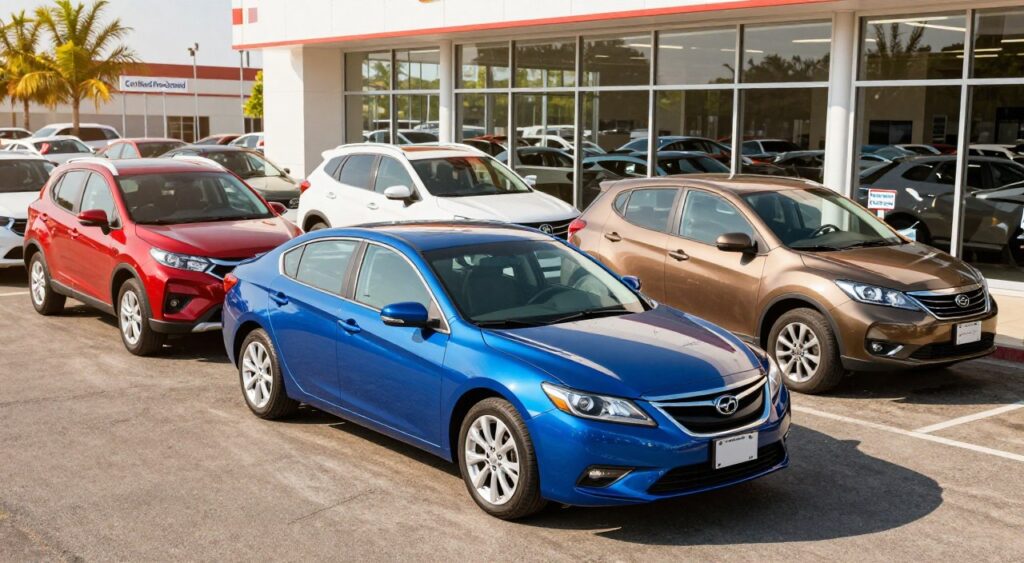A vibrant and inviting car dealership lot showcasing a variety of certified used vehicles in excellent condition. In the foreground, a shiny blue sedan sits prominently, reflecting sunlight, surrounded by two other cars—an SUV and a compact car—each with clean lines and appealing colors. The middle ground features a well-organized lot with neatly arranged vehicles labeled with small "Certified Pre-Owned" badges. In the background, a modern dealership building with large glass windows displays a welcoming atmosphere. Bright natural lighting creates a warm and optimistic mood, enhancing the colors of the cars and the cheerful surroundings. The angle is slightly low, capturing the cars from their best perspective. No people are present in the image, focusing solely on the vehicles.