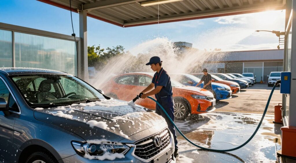 A vibrant and inviting car wash scene, showcasing a modern facility with large, gleaming windows and sparkling water sprays. In the foreground, a shiny sedan is being pampered, with bubbles and foam clinging to its sleek surface, while a hose drapes elegantly nearby. In the middle, technicians in professional uniforms meticulously scrub the car, ensuring every detail shines. The background features rows of colorful vehicles waiting to be washed, under a bright blue sky filtered by warm sunlight, casting a lively, cheerful atmosphere. The scene is captured from a slight low angle to emphasize the height of the wash equipment and the thrill of a clean car experience, creating a sense of satisfaction and cleanliness.