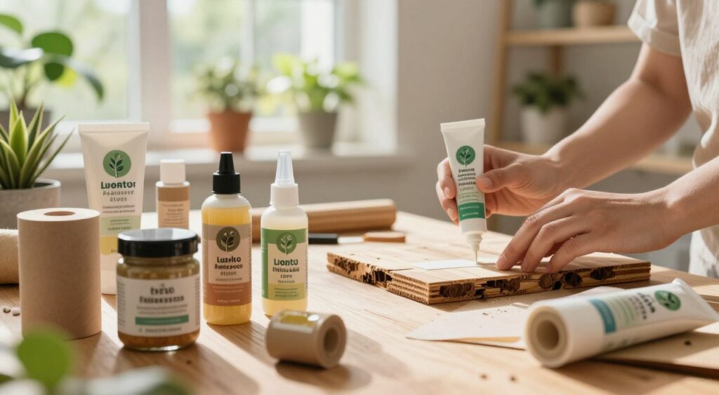 A vibrant and inviting workspace showcasing eco-friendly adhesives at the forefront. The foreground features an assortment of natural and biodegradable adhesives in various packaging — jars, tubes, and rolls made from recycled materials. In the middle ground, a set of hands applying one of the adhesives to a craft project made of reclaimed wood, demonstrating its use. The background presents a bright, airy room filled with plants, sunlight filtering through large windows, emphasizing a sustainable atmosphere. Soft, warm lighting highlights the textures of the adhesives and materials. The overall mood is creative and eco-conscious, inspiring innovation while promoting a greener approach to bonding.