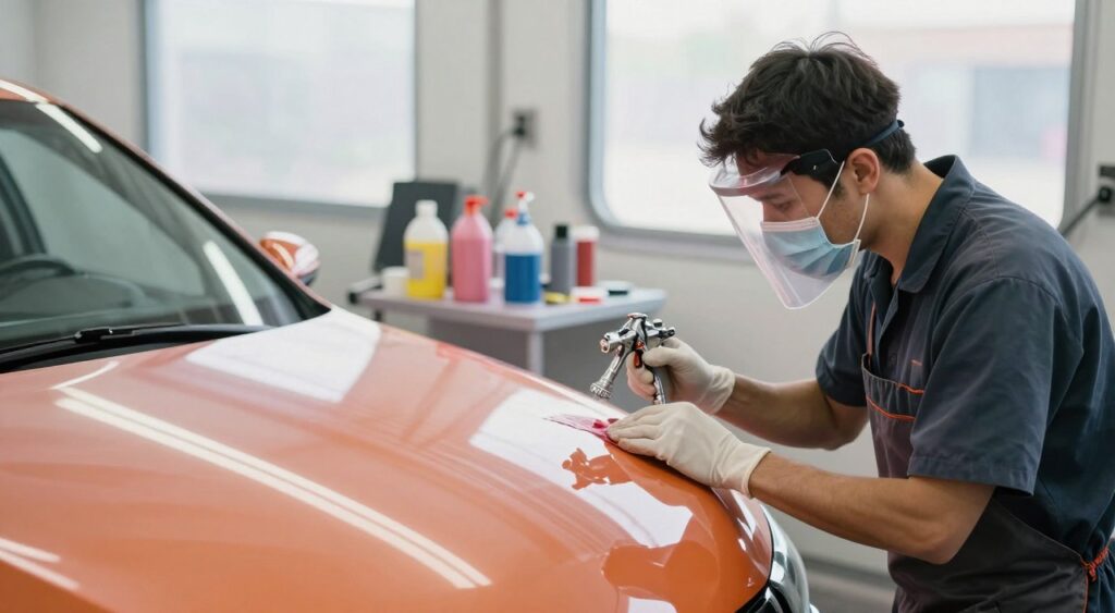 A vibrant auto body shop environment, showcasing a freshly painted car with a glossy finish that reflects the light beautifully. In the foreground, a skilled painter focuses on perfecting the high-quality paint job, wearing a professional outfit and protective gear. The middle ground features various paint supplies, including spray guns and color samples, indicating a mix of DIY and professional tools. In the background, soft natural light shines through large windows, illuminating the space and creating a welcoming atmosphere. The composition captures a sense of craftsmanship and dedication, highlighting the difference between DIY efforts and professional results, evoking a mood of creativity and transformation. Use a shallow depth of field to blur the background slightly, emphasizing the painter's meticulous work.