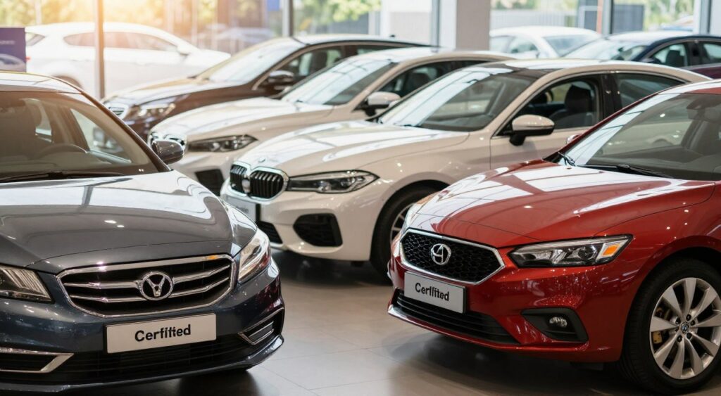 A vibrant automotive showroom displaying two groups of cars side by side. In the foreground, a pair of certified used cars, gleaming with a polished finish and labeled with certification badges, showcasing their reliability. In contrast, behind them, a line of regular used cars with varied conditions, parked less organized, highlighting their mixed appeal. Natural lighting from large windows casts a warm glow, enhancing the vibrant colors of the cars. The focus is sharp on the certified models, using a shallow depth of field to softly blur the background. The atmosphere is professional and inviting, perfect for consumers making informed choices about their next vehicle purchase.