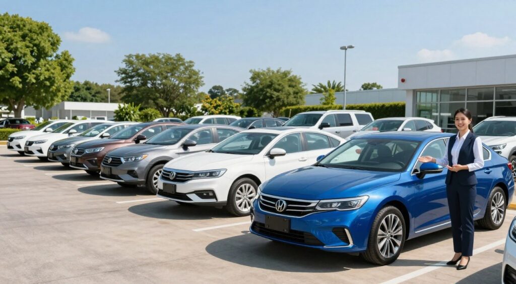 A vibrant car dealership lot showcasing a selection of certified pre-owned cars in pristine condition. In the foreground, a smiling sales representative in professional attire gestures toward a shiny, blue sedan, emphasizing its features. The middle ground displays various well-maintained vehicles, including sedans, SUVs, and trucks, all gleaming under bright, natural sunlight. Lush greenery and clear blue skies provide a welcoming backdrop, enhancing the inviting atmosphere. The perspective should be slightly angled, capturing the depth of the lot with a wide-angle lens effect, showcasing the range of options available. The mood is optimistic and reassuring, highlighting reliability and value in the certified used car market. The absence of any text or distractions ensures a clean visual focus on the theme.