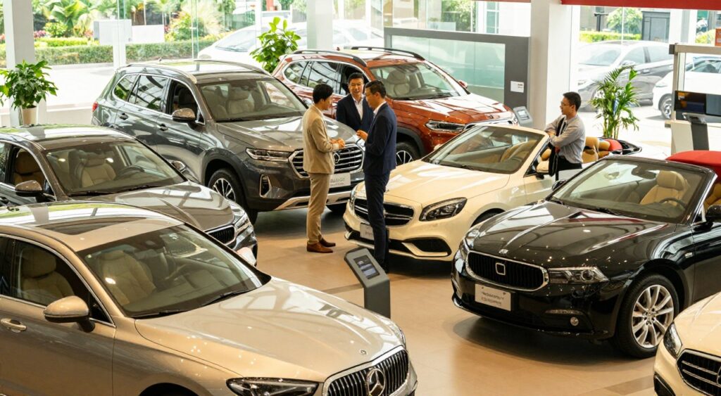 A vibrant car dealership scene showcasing an array of car types: a sleek sedan, a rugged SUV, a compact hatchback, and a luxurious convertible, all displayed in a well-lit showroom. The foreground features the cars gleaming under bright, warm lighting, highlighting their unique features and colors. In the middle, a diverse group of three individuals in professional attire examines the vehicles, showcasing a friendly atmosphere as they discuss options. The background reveals a modern dealership environment with large windows letting in natural light, accented by greenery outside. The mood is inviting and focused, encouraging viewers to consider their unique lifestyle needs for car ownership, captured from a slightly elevated angle to emphasize the overall layout.