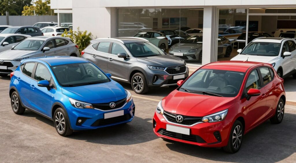 A vibrant car dealership showcasing an array of affordable new cars priced under $30,000. In the foreground, two sleek compact cars are prominently displayed, one in a bright blue and the other in a polished red, both glistening in the sunlight. The middle of the scene features more cars, including a versatile SUV and a sporty hatchback, arranged attractively. The background includes a modern dealership building with large windows revealing the interior layout. Soft, natural daylight filters through the scene, casting gentle shadows that enhance the cars’ shapes. The atmosphere is upbeat and inviting, suggesting affordability and accessibility for potential buyers. The image is shot from a slightly elevated angle, emphasizing the cars and their dynamic designs, with no people or text present.