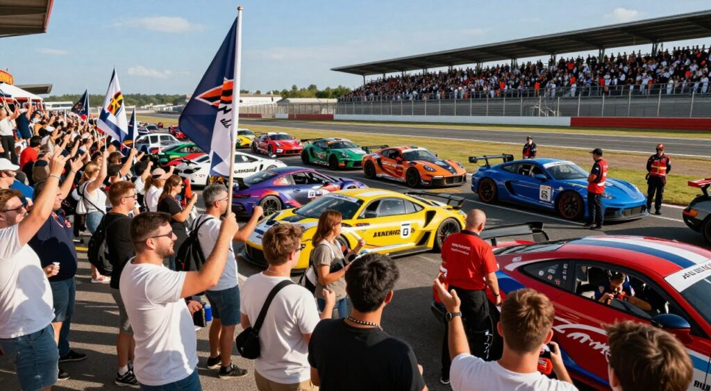 A vibrant car racing community scene capturing the excitement and shared passion surrounding triumphant victories. In the foreground, a diverse group of enthusiastic fans in modest casual clothing celebrate, with joy on their faces, some waving flags adorned with racing logos. The middle ground features a colorful array of race cars parked, showcasing their sleek designs and vibrant paint jobs, while mechanics and team members, dressed in uniforms, discuss strategies. In the background, a racetrack can be seen with cheering crowds in stands, under a bright blue sky illuminated by warm sunlight, creating an energetic atmosphere. The angle is slightly elevated to encompass the entire scene, emphasizing camaraderie and the cultural significance of car racing as a thrilling community experience.