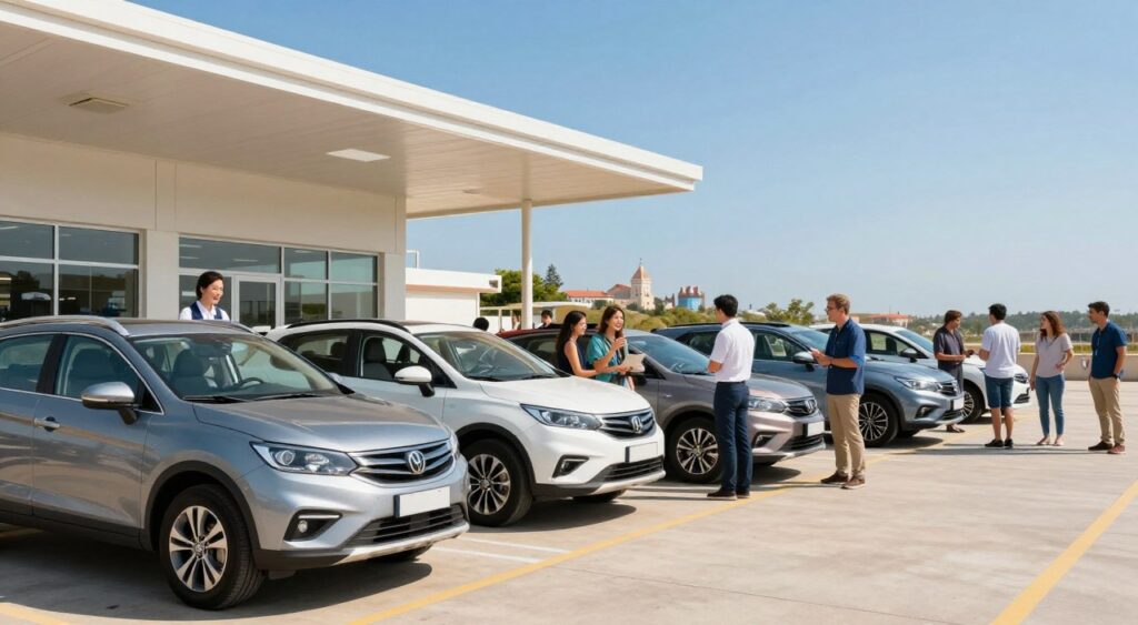 A vibrant car rental scene set in a popular travel destination, featuring a spacious outdoor car rental booth with a friendly attendant in professional attire assisting a diverse group of travelers. In the foreground, various rental cars—compact, SUV, and convertible—shine under bright, natural sunlight. The middle ground includes cheerful tourists inspecting vehicles and discussing options, immersed in the excitement of choosing their next adventure. In the background, iconic landmarks of the destination are subtly visible, enhancing the travel vibe. A clear blue sky overhead adds to the atmosphere of an ideal vacation day, captured with a wide-angle lens to emphasize the bustling activity and vibrant colors, creating a welcoming and engaging mood. A vibrant car rental scene set in a popular travel destination, featuring a spacious outdoor car rental booth with a friendly attendant in professional attire assisting a diverse group of travelers. In the foreground, various rental cars—compact, SUV, and convertible—shine under bright, natural sunlight. The middle ground includes cheerful tourists inspecting vehicles and discussing options, immersed in the excitement of choosing their next adventure. In the background, iconic landmarks of the destination are subtly visible, enhancing the travel vibe. A clear blue sky overhead adds to the atmosphere of an ideal vacation day, captured with a wide-angle lens to emphasize the bustling activity and vibrant colors, creating a welcoming and engaging mood.