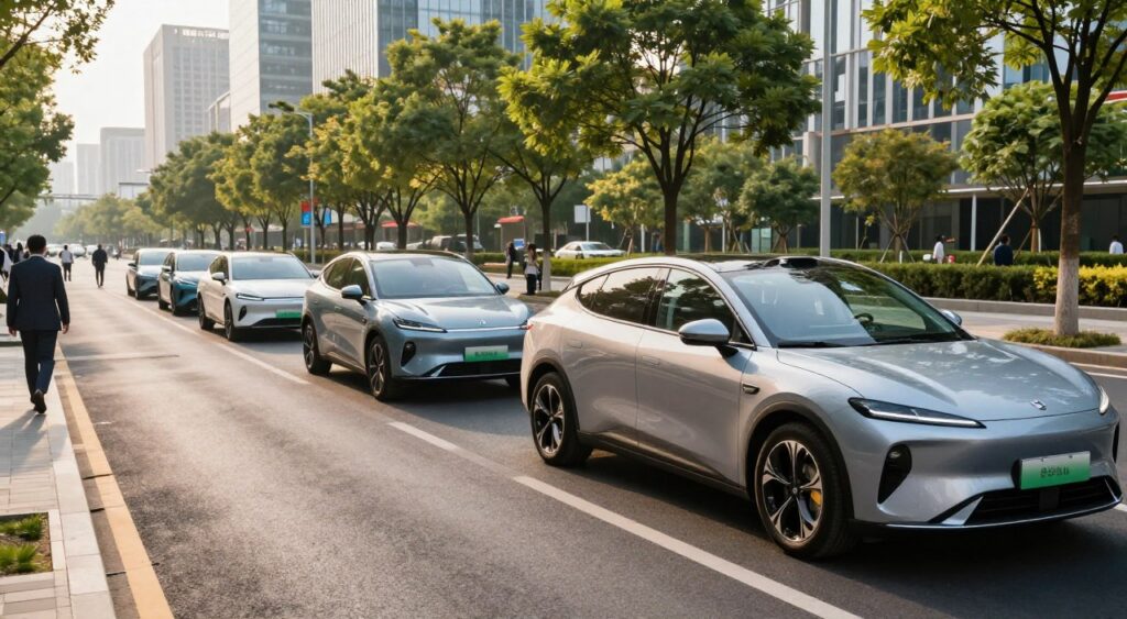 A vibrant city scene showcasing a lineup of fuel-efficient new cars designed for city driving. In the foreground, a sleek electric car with a contemporary design gleams under the warm afternoon sun, reflecting its eco-friendly features. In the middle ground, additional compact vehicles with innovative aerodynamic shapes are parked neatly along a tree-lined street, highlighting their practicality for urban environments. The background features a bustling cityscape with modern skyscrapers, green parks, and pedestrians in professional attire, giving a lively urban atmosphere. The image is captured from a low angle, emphasizing the stylish design of the cars, with natural lighting illuminating the scene for a fresh and optimistic feel, evoking the idea of modern, sustainable city living.