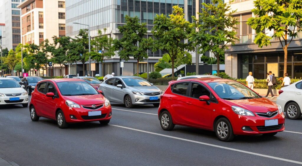 A vibrant city street scene showcasing a variety of compact cars parked and maneuvering seamlessly in an urban environment. In the foreground, feature a bright red compact hatchback and a sleek, silver sedan, both glowing under the warm afternoon sunlight. The middle ground includes additional compact vehicles, accented by their diverse colors and stylish designs. In the background, tall modern buildings reflect the blue sky, with greenery from nearby trees adding a fresh touch. Capture the essence of easy city driving, showcasing clear roads and friendly pedestrians in modest casual attire. Use a wide-angle lens to enhance the spaciousness of the scene, with soft, natural lighting to create a welcoming, energetic atmosphere.