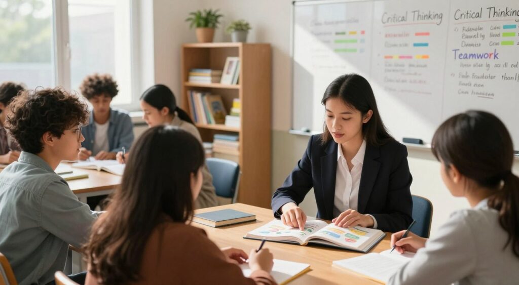 A vibrant classroom scene showcasing diverse students engaged in various subjects, emphasizing learning and collaboration. In the foreground, a young woman in professional attire is discussing with a group of classmates, pointing at an open textbook filled with colorful diagrams. In the middle, a large whiteboard displays handwritten notes and colorful markers showcasing class topics like "Critical Thinking" and "Teamwork." In the background, shelves filled with educational materials and plants create a warm atmosphere. Natural light streams in through large windows, casting soft shadows across the room. The overall mood is inspiring and dynamic, highlighting the joy of learning and the importance of making the most of the class experience.