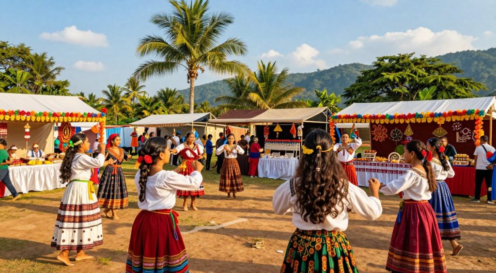 A vibrant cultural festival set in a picturesque exotic location. In the foreground, a diverse group of attendees dressed in colorful traditional attire, joyfully participating in local dances and festivities. The middle ground showcases intricately designed stalls adorned with festive decorations, offering local crafts and enticing culinary delights. In the background, a lush landscape with palm trees and distant mountains under a bright blue sky. The scene is bathed in warm, golden sunlight, creating an inviting atmosphere filled with joy and celebration. The angle captures the dynamic energy of the event, with a slightly tilted perspective to enhance the vibrant motion and excitement of the festival.